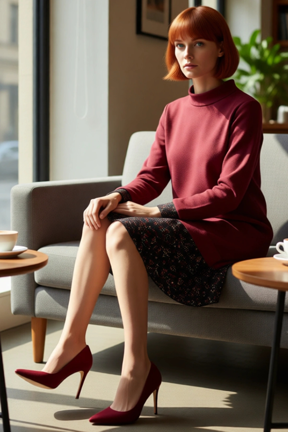 Kadın Casual Stil Selanik Örme Mini Elbise Dik Yaka Uzun Kollu Çiçek Desen Detaylı Konforlu