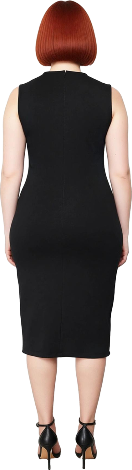 Kadın Midi Boy Siyah Bodycon Elbise Kolsuz Yırtmaç Detaylı Örme Kumaş Bisiklet Yaka Büyük Beden