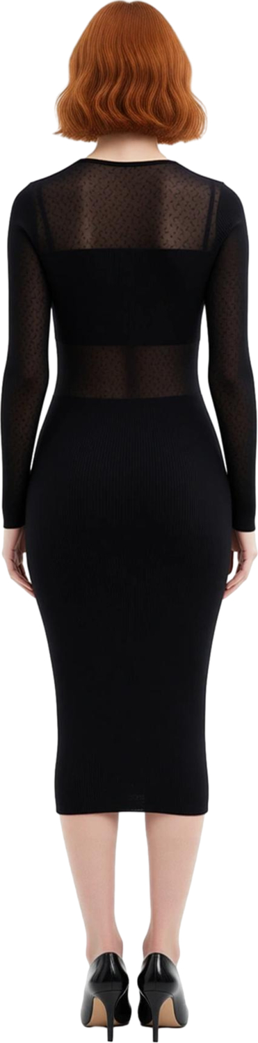 Kadın Siyah Midi Triko Elbise Transparan Detaylı Bodycon Kalıp Uzun Kollu Şık Bisiklet Yaka Günlük