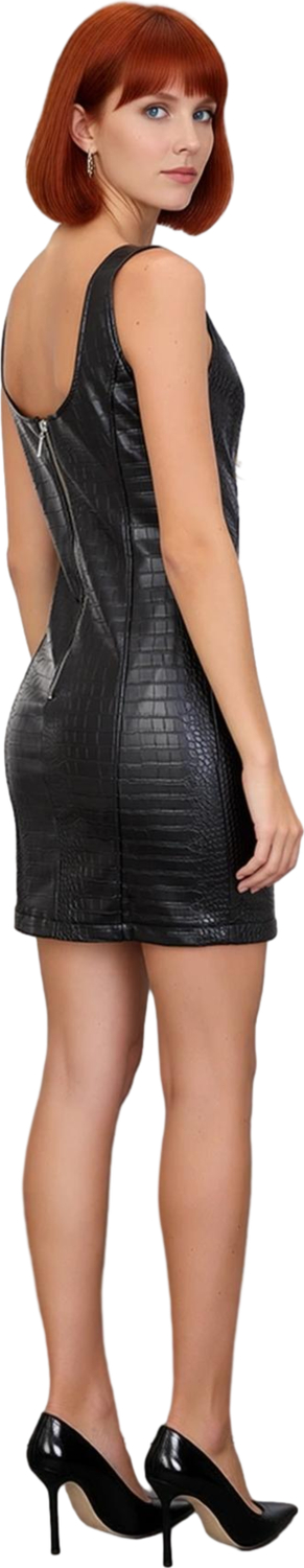Kadın Şık Siyah Suni Deri Kare Yaka Bodycon Kesim Kısa Elbise Gece Davetlerinde Göz Alıcı Stil.