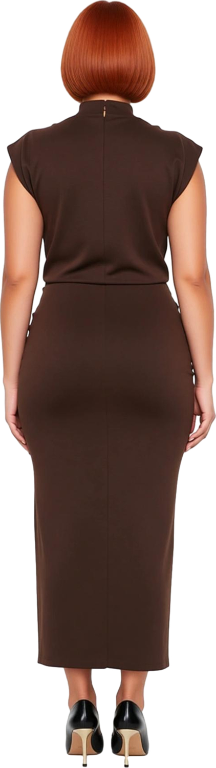 Kadın Şık Bodycon Midi Elbise Dik Yaka Kolsuz Tasarım Düz Örme İlkbahar Sonbahar Trendi Kaliteli