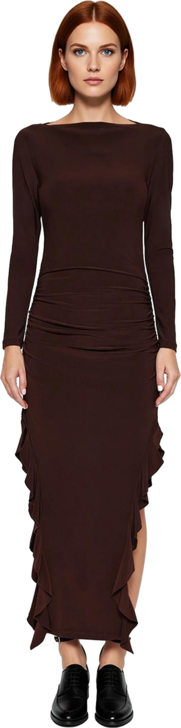 Kadın Uzun Kollu Kayık Yaka Eteği Fırfırlı Bodycon Maxi Elbise Modern Ve Zarif Kış Stili Kaliteli