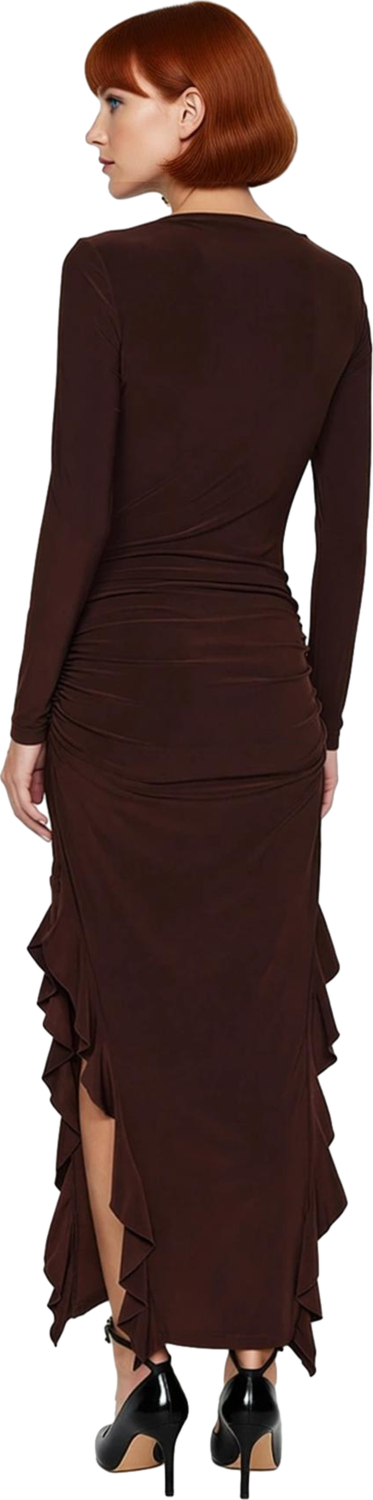 Kadın Uzun Kollu Kayık Yaka Eteği Fırfırlı Bodycon Maxi Elbise Modern Ve Zarif Kış Stili Kaliteli
