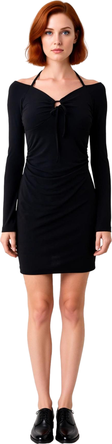 Kadınlar İçin Siyah Büzgülü Bodycon Mini Elbise Boyundan Bağlamalı Uzun Kollu Drape Tasarım.