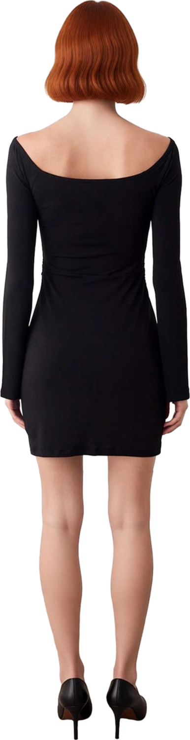 Kadınlar İçin Siyah Büzgülü Bodycon Mini Elbise Boyundan Bağlamalı Uzun Kollu Drape Tasarım.