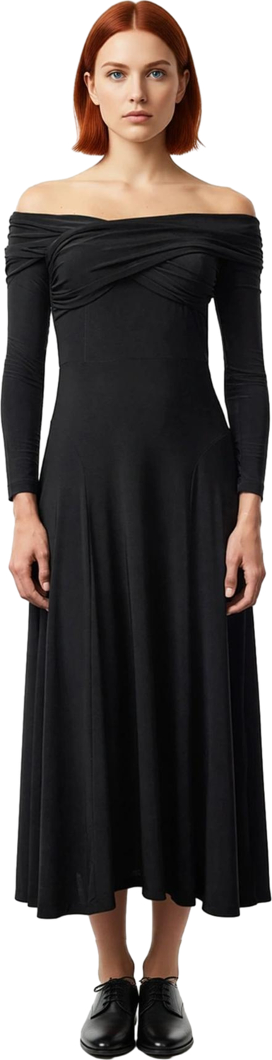 Kadın Carmen Yaka Uzun Kol A Line Siluet Polyester Karışımlı Maxi Abiye Elbise Özel Davetler İçin.
