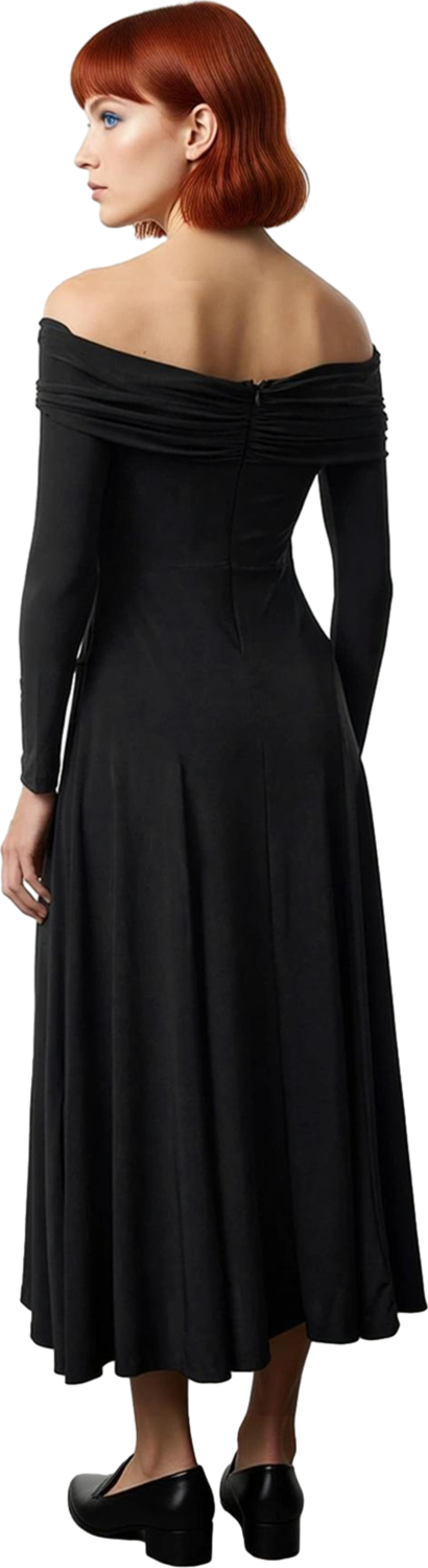Kadın Carmen Yaka Uzun Kol A Line Siluet Polyester Karışımlı Maxi Abiye Elbise Özel Davetler İçin.