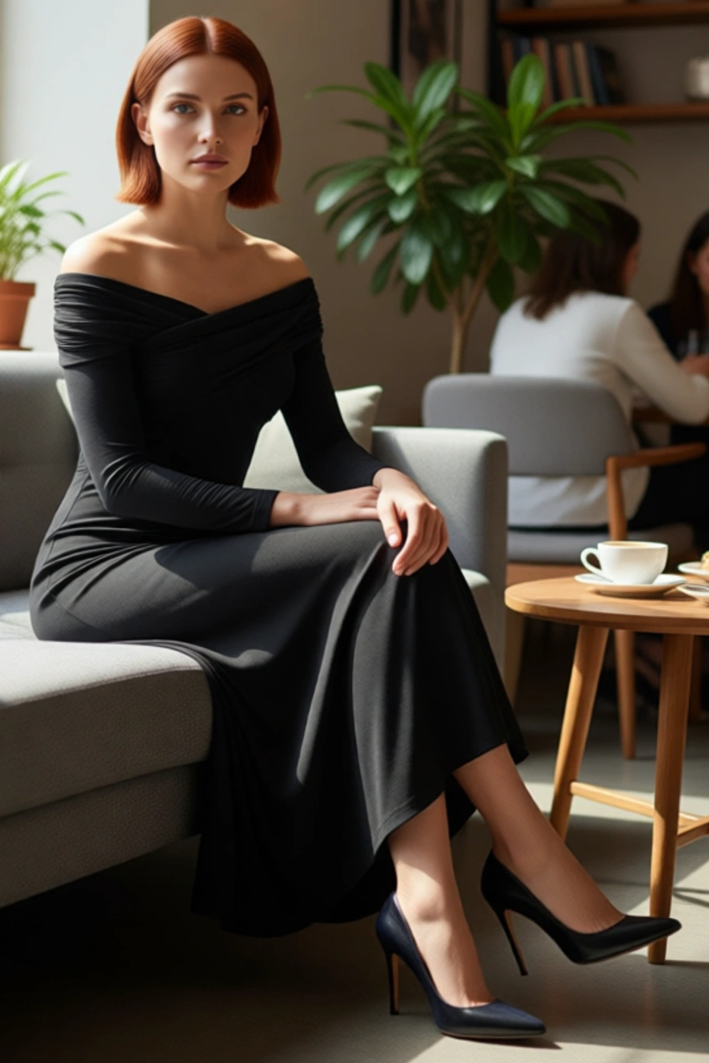 Kadın Carmen Yaka Uzun Kol A Line Siluet Polyester Karışımlı Maxi Abiye Elbise Özel Davetler İçin.