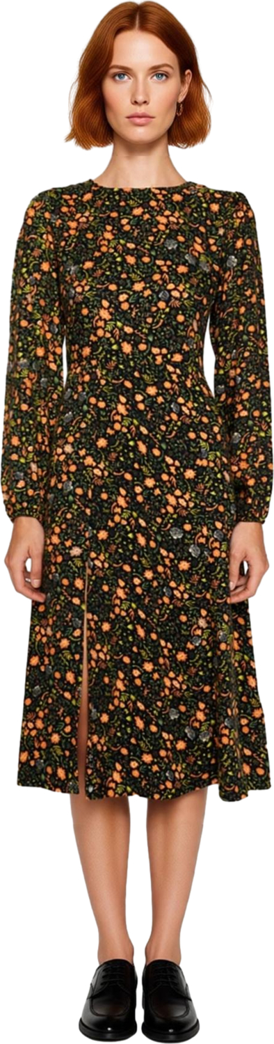 Moda Stil Regular Bisiklet Yaka Midi Boy Yırtmaçlı Desenli Dokuma Elbise