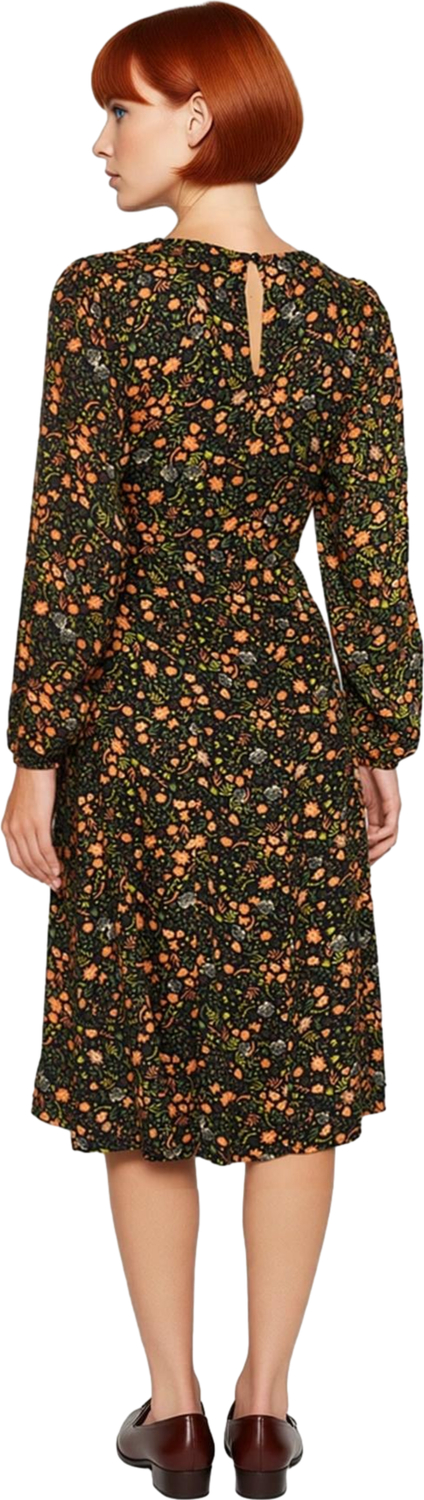 Moda Stil Regular Bisiklet Yaka Midi Boy Yırtmaçlı Desenli Dokuma Elbise