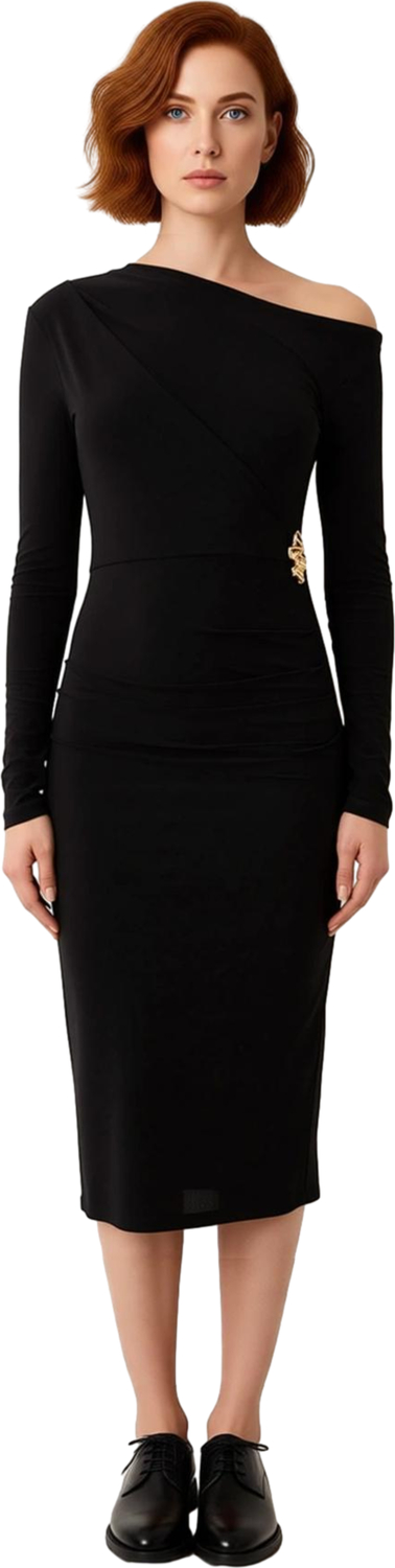 Kadın Siyah Bodycon Siluet Asimetrik Yaka Uzun Kollu Elbise Sandy Dokuma Şık Akşam Kıyafeti
