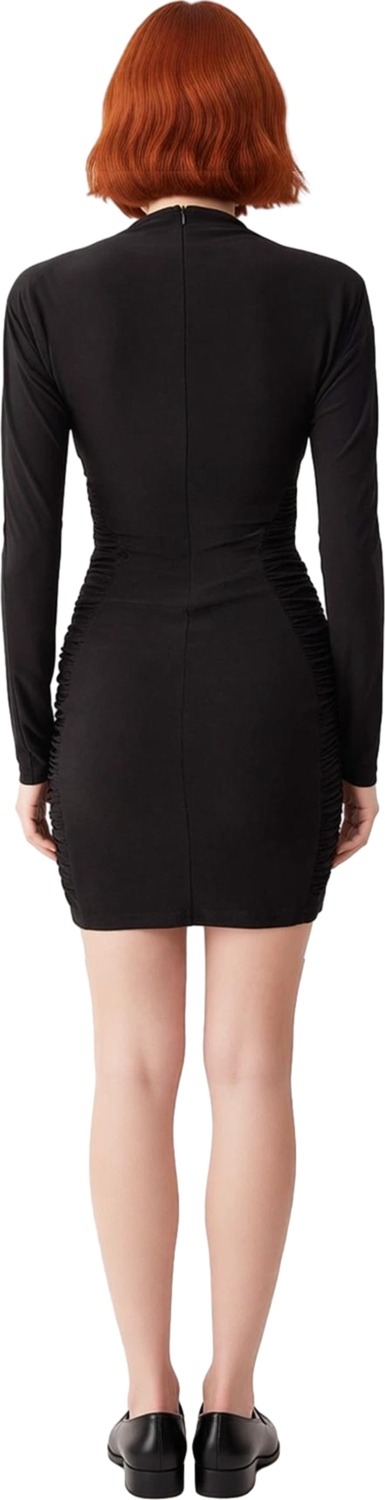 Kadın Kokteyl Dik Yaka Bodycon Kalıp Uzun Yarasa Kol Büzgülü Sandy Örme Kısa Abiye Elbise Kaliteli