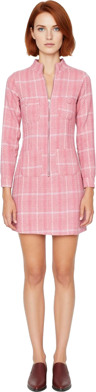 Kadın Uzun Kollu Tüvit Dokuma Ekose Desenli Fermuarlı Dik Yaka Bodycon Mini Elbise Kışlık Şıklık