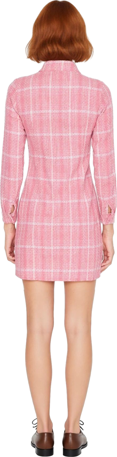 Kadın Uzun Kollu Tüvit Dokuma Ekose Desenli Fermuarlı Dik Yaka Bodycon Mini Elbise Kışlık Şıklık