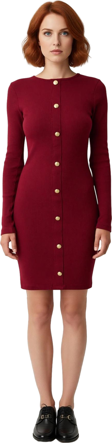 Kadın Uzun Kol Bodycon Kesim Düğmeli Fitilli Bisiklet Yaka Mini Elbise Modern Görünüm Kaliteli