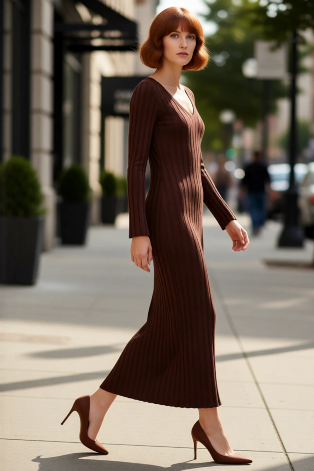 Kadın Fashion Forward Bodycon Uzun Kollu V Yaka Maxi Triko Elbise Gündüz Ve Gece Şıklığı Kaliteli