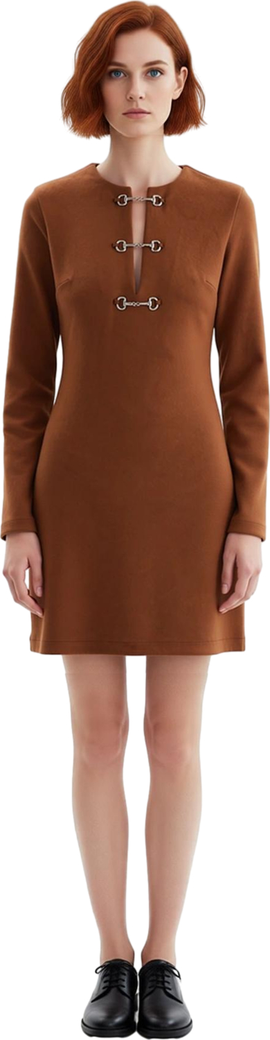 Moda Stil Regular Bisiklet Yaka Mini Boy Limited Edition Aksesuar Detaylı Süet Kışlık Dokuma Elbise