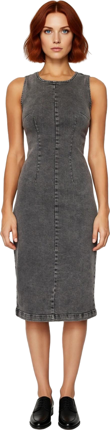 Kadın Bodycon Kesim Kolsuz Denim Midi Elbise Bisiklet Yaka Detaylı Esnek Pamuklu Yapısıyla