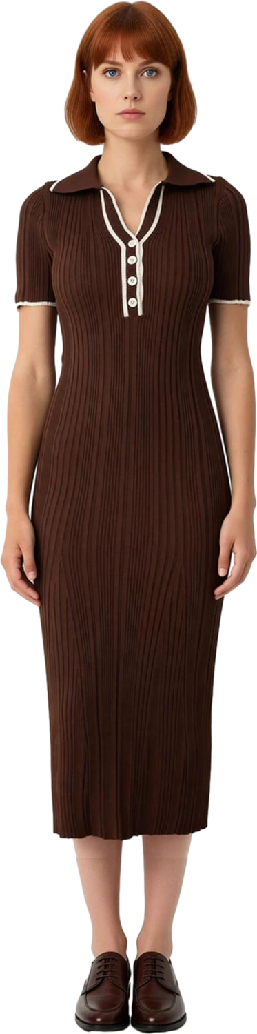 Kadın Bodycon Kalıp İnce Triko Midi Elbise Polo Yaka Renk Blok Detaylı Kısa Kollu Basic Kaliteli