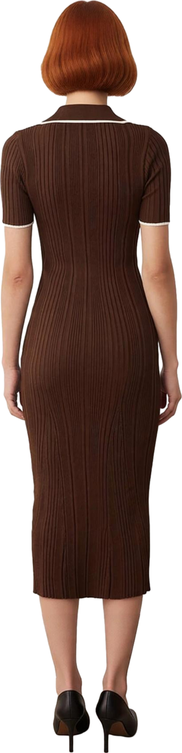 Kadın Bodycon Kalıp İnce Triko Midi Elbise Polo Yaka Renk Blok Detaylı Kısa Kollu Basic Kaliteli