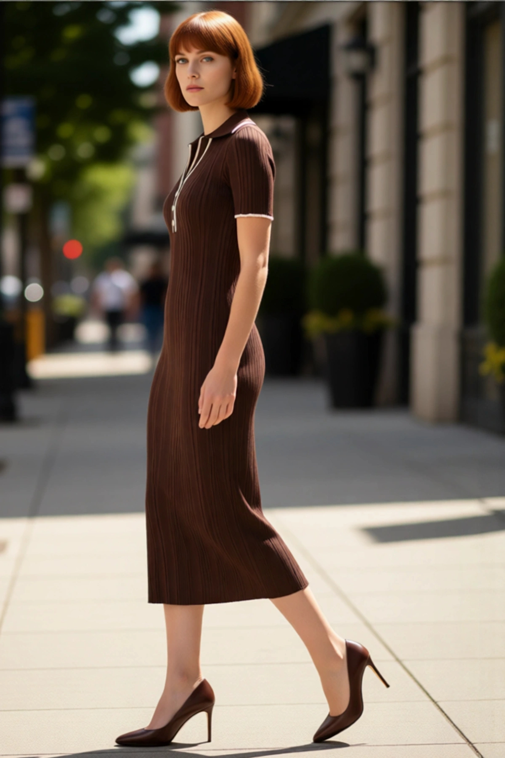 Kadın Bodycon Kalıp İnce Triko Midi Elbise Polo Yaka Renk Blok Detaylı Kısa Kollu Basic Kaliteli