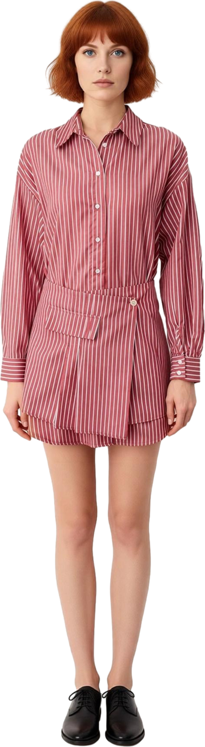 Kadın Bordo Çizgili Mini Gömlek Elbise Fashion Forward Tarzı Düğmeli Detaylı Terrycotton Kumaş