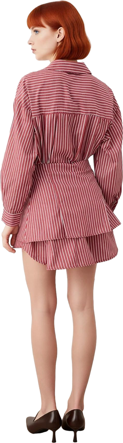 Kadın Bordo Çizgili Mini Gömlek Elbise Fashion Forward Tarzı Düğmeli Detaylı Terrycotton Kumaş