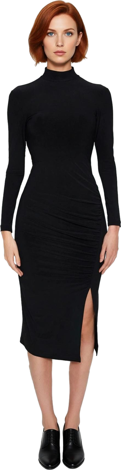 Kadın Fitted Dik Yaka Uzun Kollu Midi Boy Elbise Drape Detaylı Yırtmaçlı Örme Kışlık Stili