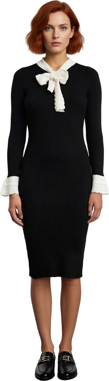 Kadın Bodycon Kalıp Midi Boy Uzun Kollu Bebe Yaka Bağlama Detaylı Akrilik Triko Elbise Kaliteli