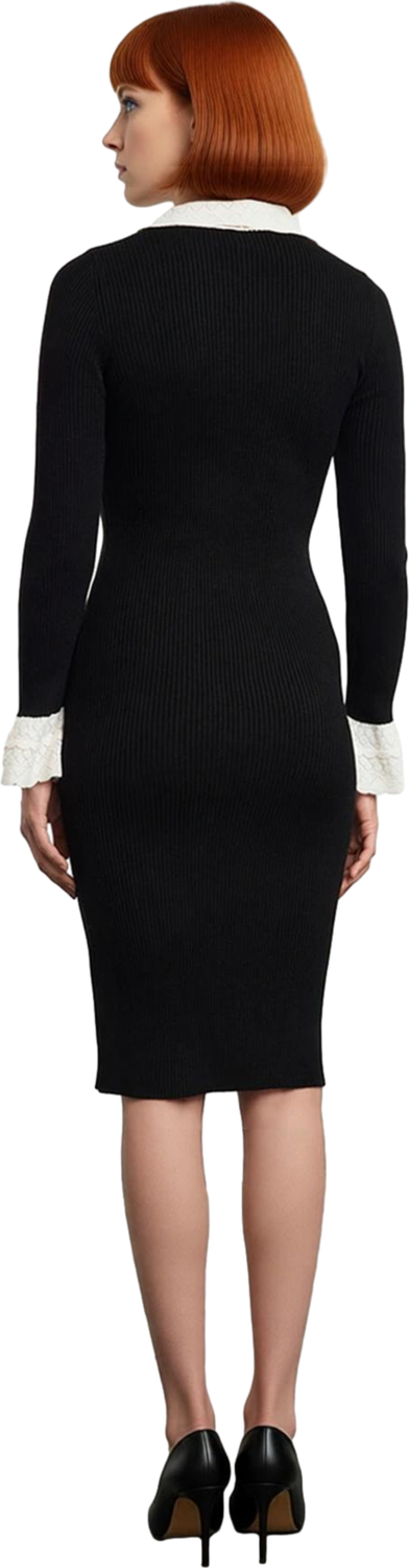 Kadın Bodycon Kalıp Midi Boy Uzun Kollu Bebe Yaka Bağlama Detaylı Akrilik Triko Elbise Kaliteli