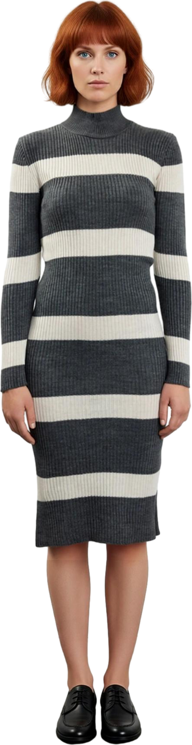 Kadın Çizgili Triko Midi Elbise Dik Yaka Uzun Kollu Bodycon Akrilik İnce Kumaş İlkbahar Sonbahar