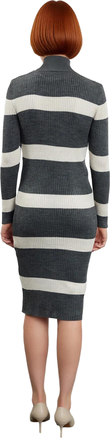 Kadın Çizgili Triko Midi Elbise Dik Yaka Uzun Kollu Bodycon Akrilik İnce Kumaş İlkbahar Sonbahar