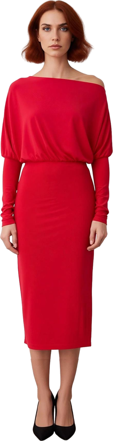 Kadın Smart Bodycon Asimetrik Yaka Düz Düşük Uzun Kollu Yırtmaç Detaylı Örme Midi Elbise Kış İçin