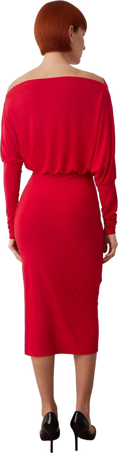 Kadın Smart Bodycon Asimetrik Yaka Düz Düşük Uzun Kollu Yırtmaç Detaylı Örme Midi Elbise Kış İçin