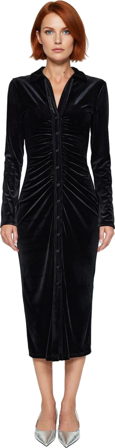 Kadın Siyah Kadife Midi Bodycon Elbise Polo Yaka Uzun Kol Büzgü Detaylı Smart Casual Stili