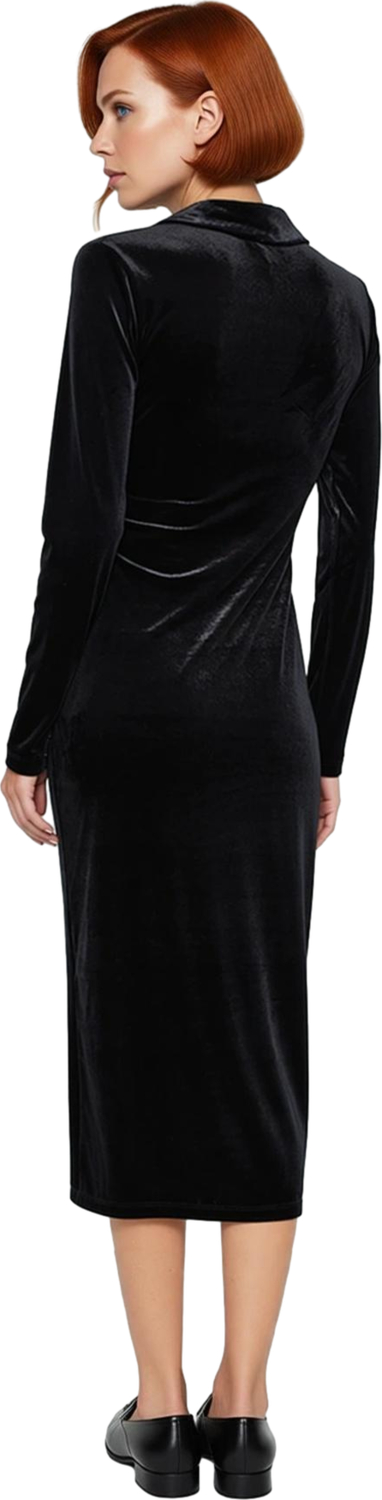 Kadın Siyah Kadife Midi Bodycon Elbise Polo Yaka Uzun Kol Büzgü Detaylı Smart Casual Stili