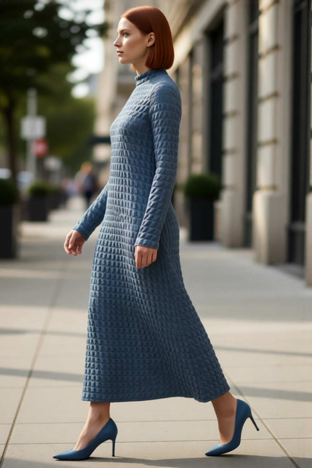 Kadın Maxi A line Kesim Uzun Kollu Dik Yaka Gofre Örme Astarlı Şık ve Rahat Kışlık Elbise Kaliteli