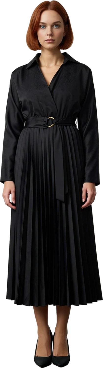Kadın Düz Desen Standart Kol Kuşak Detaylı Piliseli Etek Ceket Yaka Polyester Midi Boy Elbise