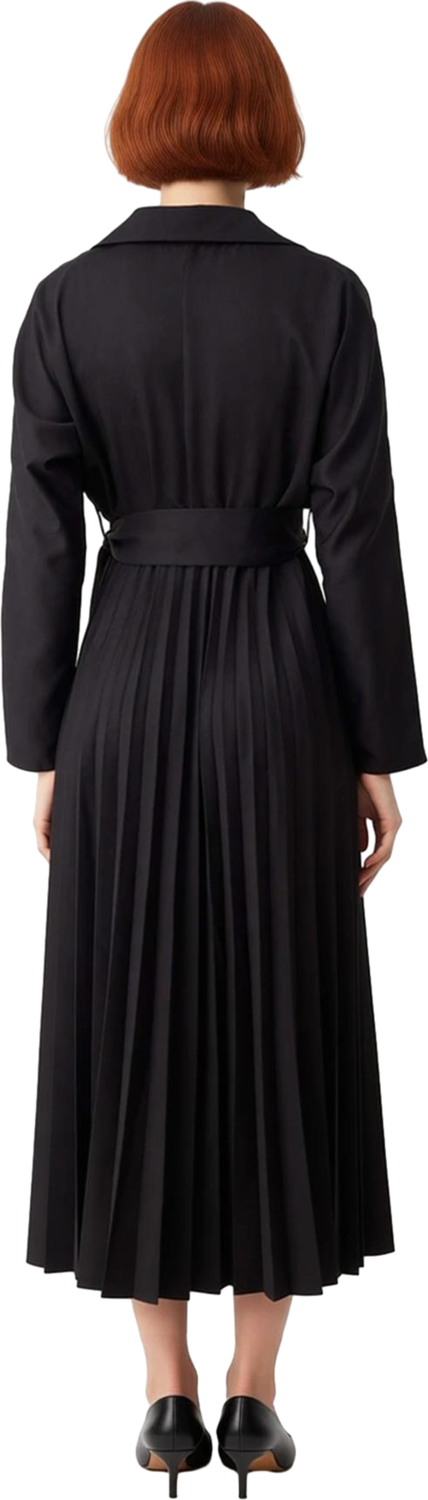Kadın Düz Desen Standart Kol Kuşak Detaylı Piliseli Etek Ceket Yaka Polyester Midi Boy Elbise