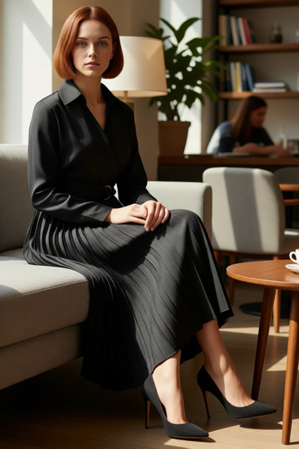 Kadın Düz Desen Standart Kol Kuşak Detaylı Piliseli Etek Ceket Yaka Polyester Midi Boy Elbise