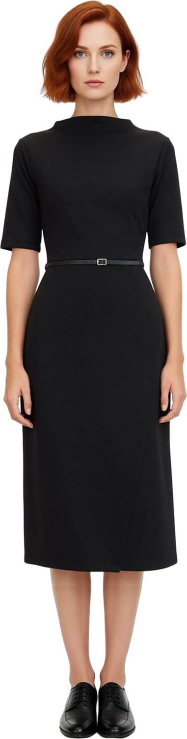 Kadınlar İçin Dik Yaka Bodycon Midi Elbise Kemerli Anvelop Kesim Standart Kol Şıklığı Kaliteli