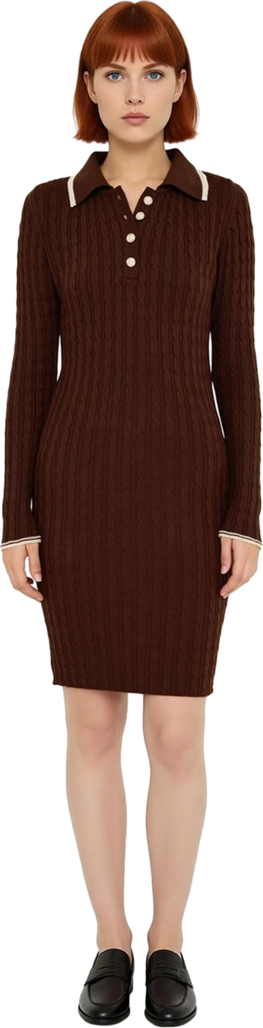Kadın Uzun Kollu Polo Yaka Bodycon Kahverengi Triko Mini Elbise Şık Ve Konforlu Günlük Stil