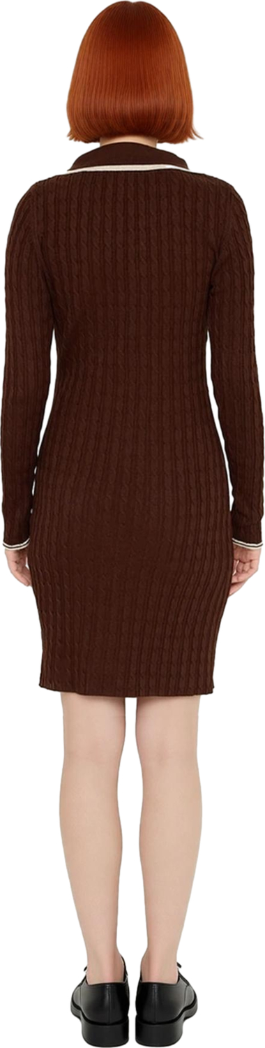 Kadın Uzun Kollu Polo Yaka Bodycon Kahverengi Triko Mini Elbise Şık Ve Konforlu Günlük Stil