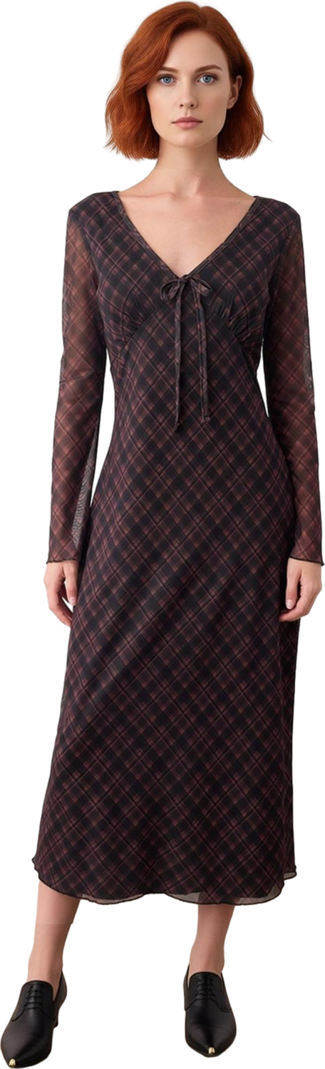 Kadın Ekose Desenli Bodycon Maxi Elbise V Yaka Uzun Kollu Tül Dokulu Bağlama Detaylı Kışlık Şıklık