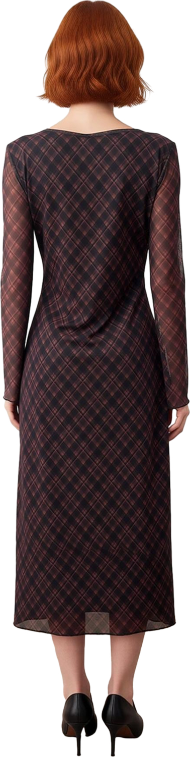 Kadın Ekose Desenli Bodycon Maxi Elbise V Yaka Uzun Kollu Tül Dokulu Bağlama Detaylı Kışlık Şıklık