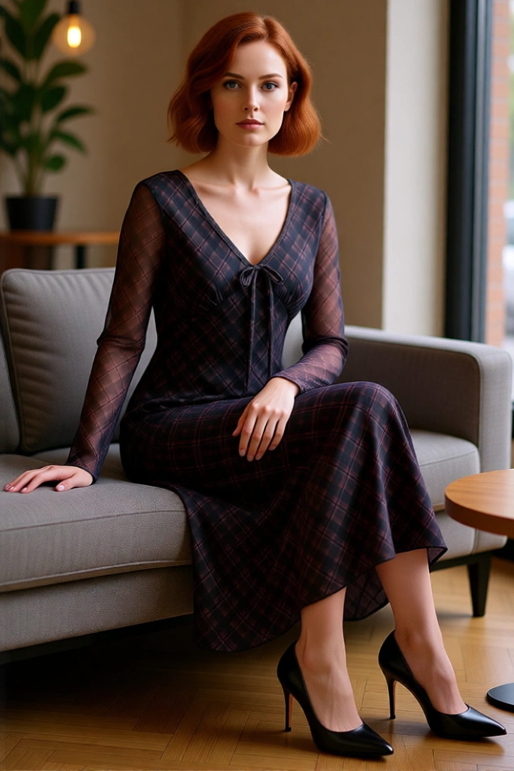 Kadın Ekose Desenli Bodycon Maxi Elbise V Yaka Uzun Kollu Tül Dokulu Bağlama Detaylı Kışlık Şıklık