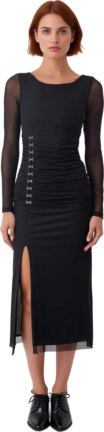 Kadın Özel Davetler İçin Agraflı Bodycon Siluet Uzun Kollu Tül Etekli Örme Maxi Elbise Kaliteli