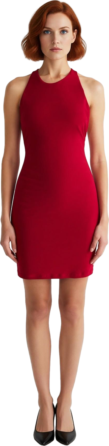 Şık Kadın Kırmızı Halter Yaka Kolsuz Bodycon Mini Elbise Yazlık Davetler ve Mezuniyet İçin Uygun