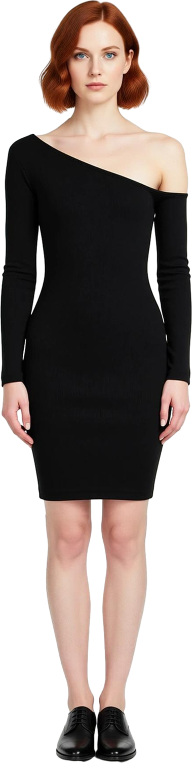 Kadın Omzu Açık Asimetrik Yaka Bodycon Uzun Kollu Mini Fitilli Örme Kışlık Elbise Modern Kaliteli