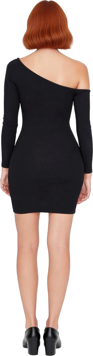 Kadın Omzu Açık Asimetrik Yaka Bodycon Uzun Kollu Mini Fitilli Örme Kışlık Elbise Modern Kaliteli